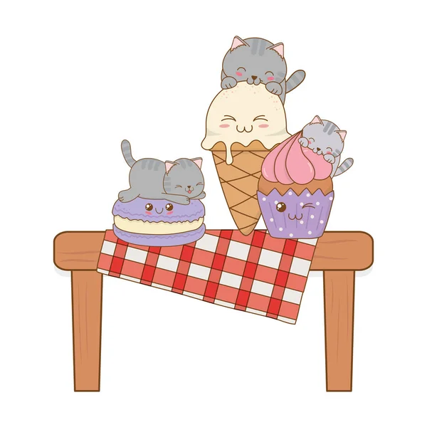 Χαριτωμένο μικρό γάτες με παγωτό και cupcake kawaii — Διανυσματικό Αρχείο