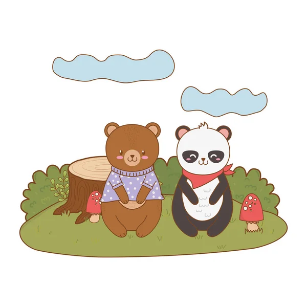 Cute bear panda in the field woodland character — Stock Vector