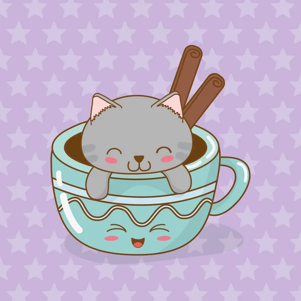 kahve fincanı kawaii karakteri ile sevimli küçük kedi