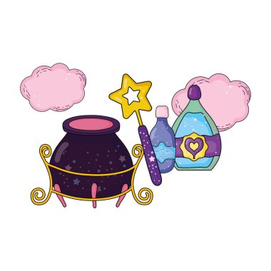 iksir şişesi ve değnek ile sihirli cadı kazan