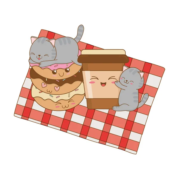 Gatinhos bonitos com donuts personagens kawaii — Vetor de Stock