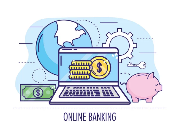 Laptop com moedas e conta para a banca online —  Vetores de Stock