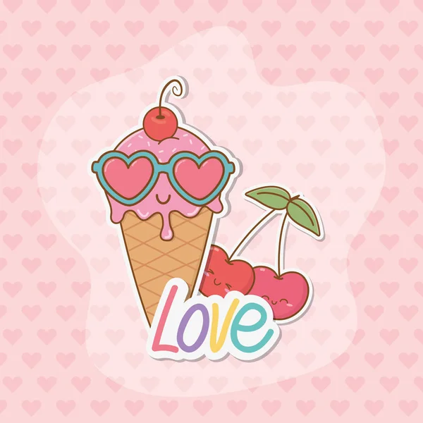 Autocollants crème glacée et cerises style kawaii — Image vectorielle