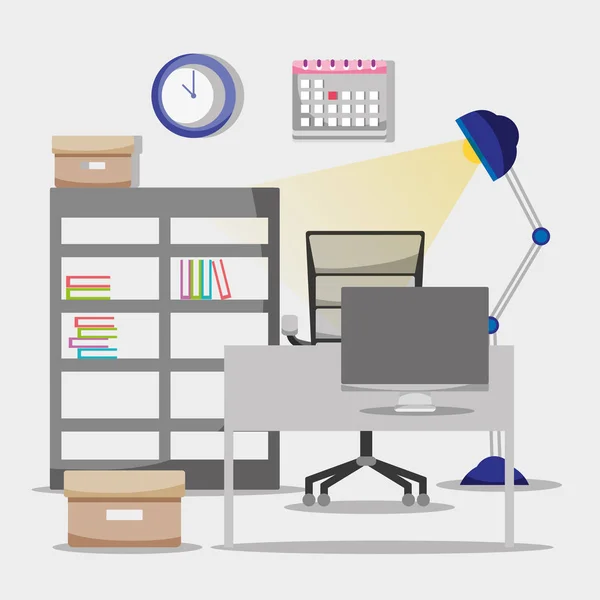 Appartement de bureau avec bureau et accessoires de travail — Image vectorielle