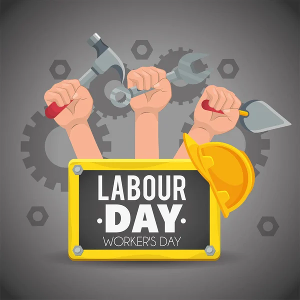 Hands with construction tools to labour day — Stock Vector
