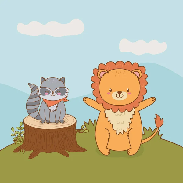 Raton laveur mignon et lion dans le caractère des bois de champ — Image vectorielle