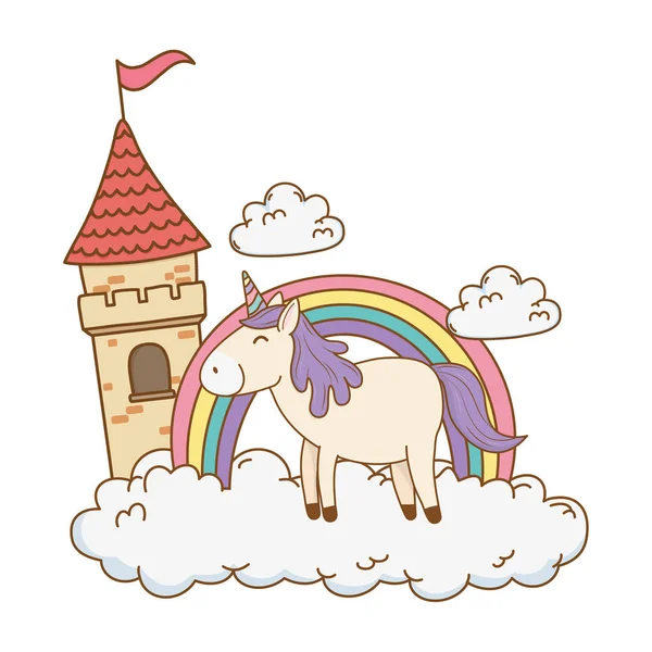 ユニコーン城、雲の中の虹 — ストックベクタ