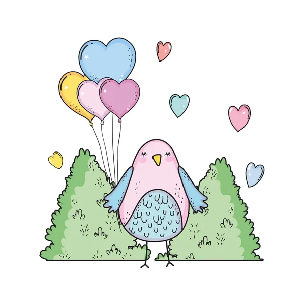 Lindo pajarito con globos helio carácter encantador — Vector de stock