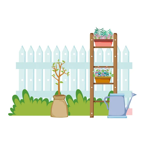 Ogród chelf i ogrodzenie z roślin doniczowych — Wektor stockowy