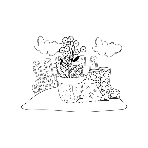 庭師のブーツゴムと花の庭 — ストックベクタ