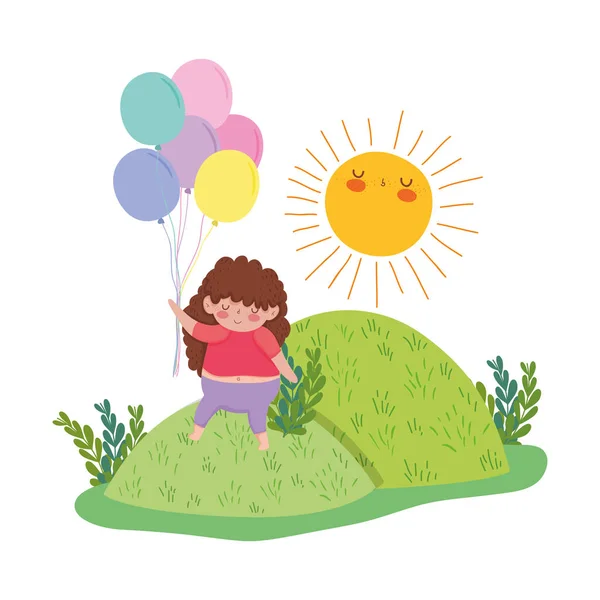 Niña gordita con globos de aire en el paisaje — Vector de stock