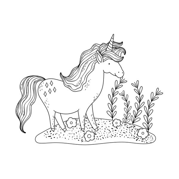 Hermoso unicornio en el paisaje — Vector de stock