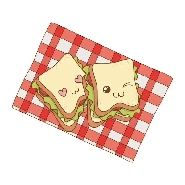 Conjunto de comida de panadería kawaii en mantel de picnic — Archivo Imágenes Vectoriales