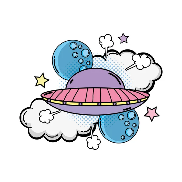 Ufo voler avec des planètes style pop art — Image vectorielle