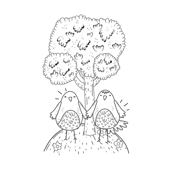 Χαριτωμένο μικρά πουλιά ζευγάρι στο πεδίο υπέροχοι χαρακτήρες — Διανυσματικό Αρχείο