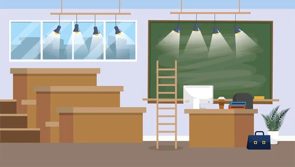 Preparação de sala de aula universitária com quadro-negro e luzes —  Vetores de Stock
