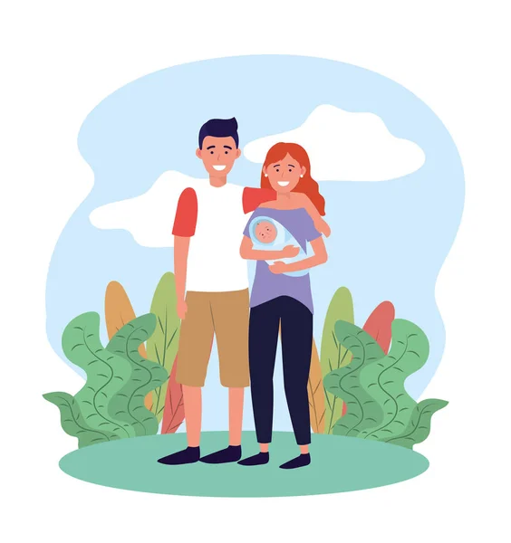 Man and woman couple with their baby and plants — Stock Vector