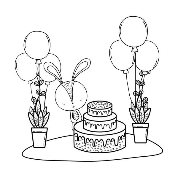 Conejo con pastel dulce y globos en el paisaje — Vector de stock