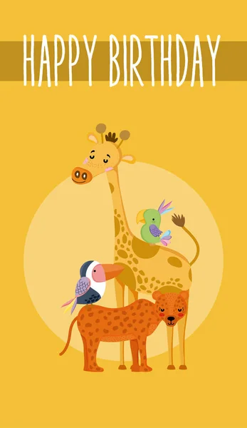 행복 한 생일 귀여운 동물 카드 — 스톡 벡터