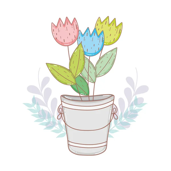Kovový kbelík s květinami — Stockový vektor