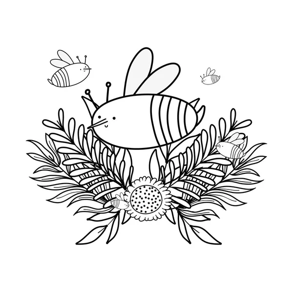 Roztomilé a malé včely s květinami zahrádkou — Stockový vektor