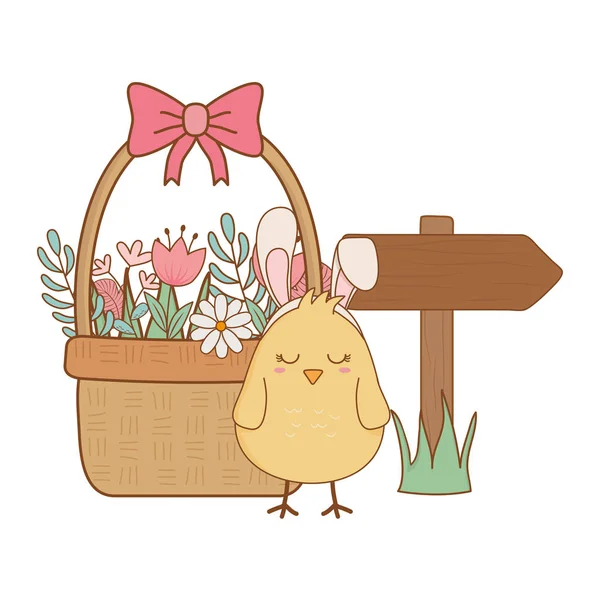 Petit poussin avec oreilles lapin dans le panier floral caractère de Pâques — Image vectorielle