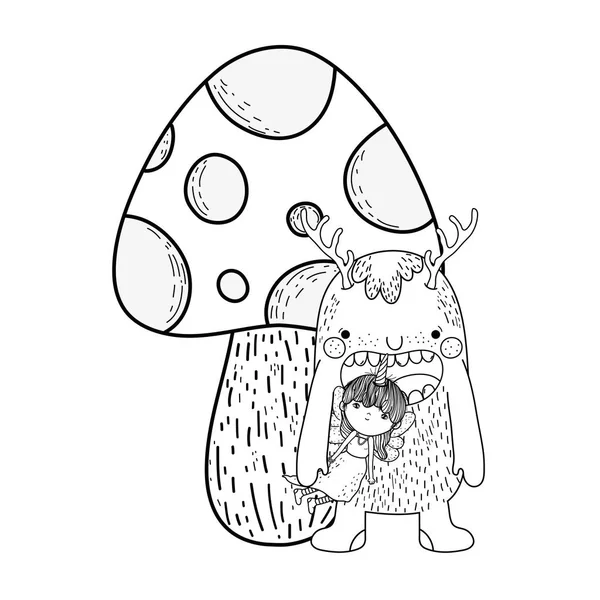 Маленька фея з чудовиськом і грибом — стоковий вектор