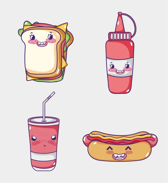 Fast food coleção kawaii desenhos animados — Vetor de Stock