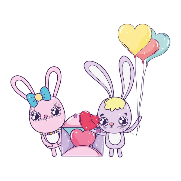 Lindo conejos pareja con globos helio San Valentín día — Vector de stock