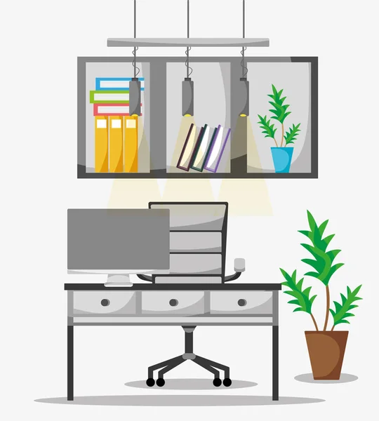 Appartement de bureau avec bureau et accessoires de travail — Image vectorielle