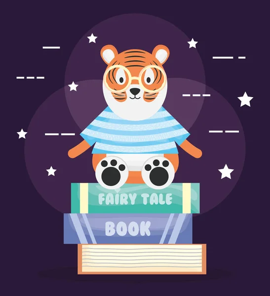 Милий тигр з купою книг персонаж — стоковий вектор