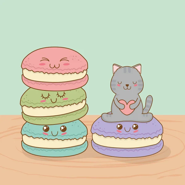 Schattige kleine kat met zoete donut kawaii karakter — Stockvector