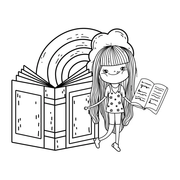 Щаслива маленька дівчинка читає книги з веселкою — стоковий вектор