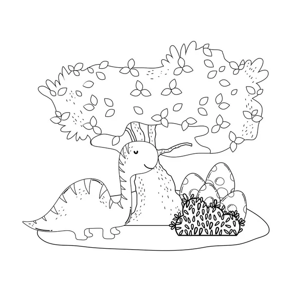 Carino apatosauro con albero nel paesaggio — Vettoriale Stock