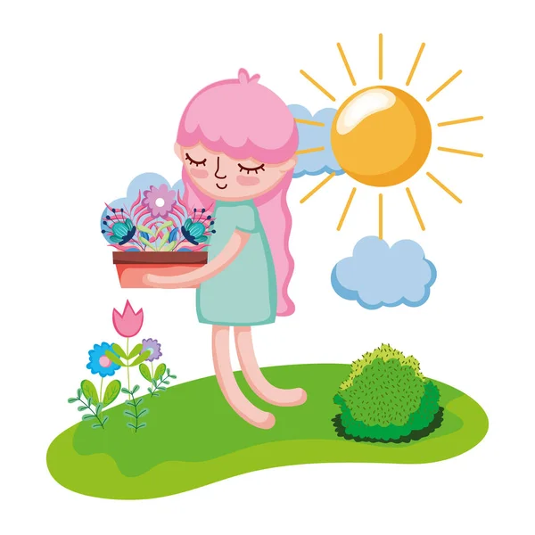 Niña levantando planta de interior en el paisaje — Vector de stock