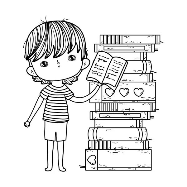 Щасливий маленький хлопчик читає книги — стоковий вектор