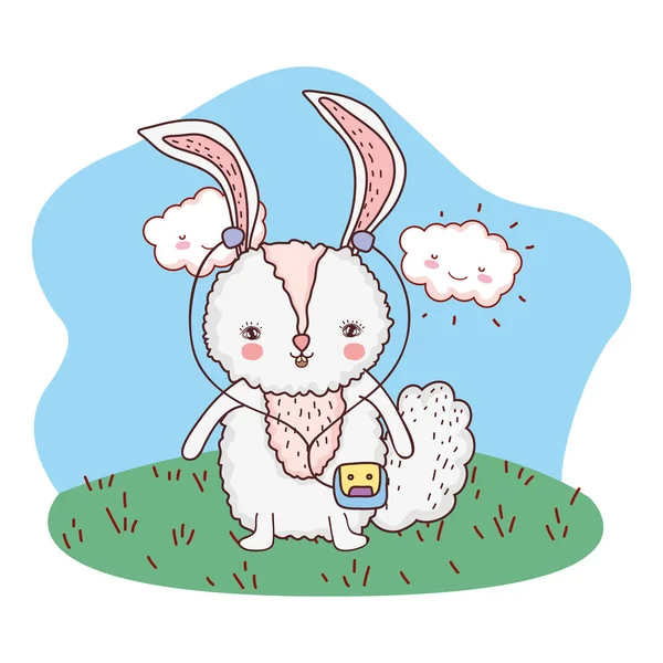 公園でウォークマンとかわいい小さなウサギ — ストックベクタ