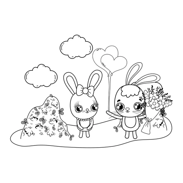 Cute rabbits couple with flowers valentines day — Stock Vector