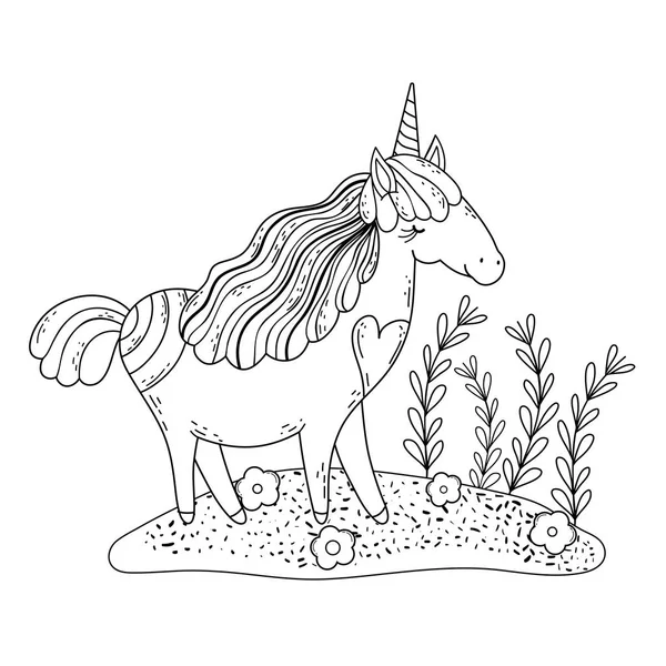 Beautiful little unicorn in the landscape — Stock Vector