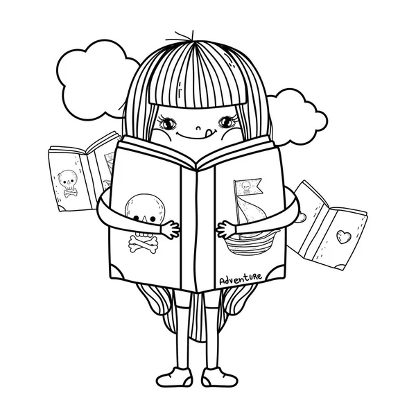 Feliz niña leyendo libro en las nubes — Vector de stock