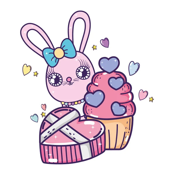 Lindo conejo chica con dulce cupcake día de San Valentín — Vector de stock