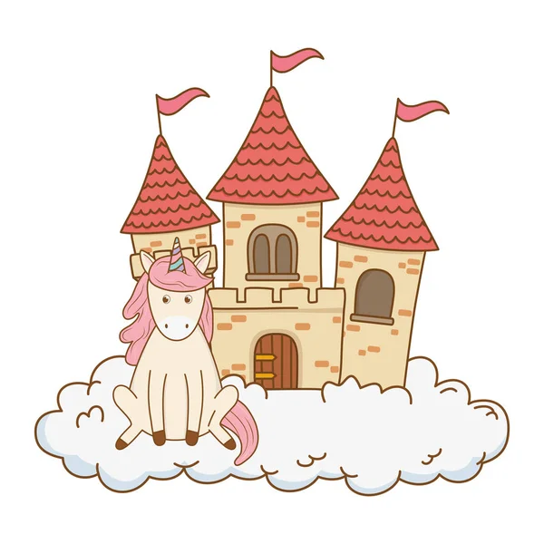 Mignon conte de fées licorne avec château dans les nuages — Image vectorielle