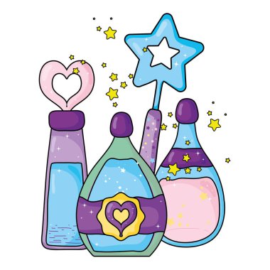 değnek ile sihirli iksir şişeleri