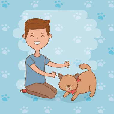 sevimli köpek maskotu ile genç adam