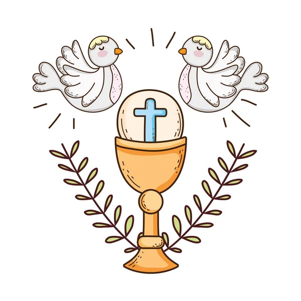 Cáliz sagrado religioso con palomas pájaros — Vector de stock