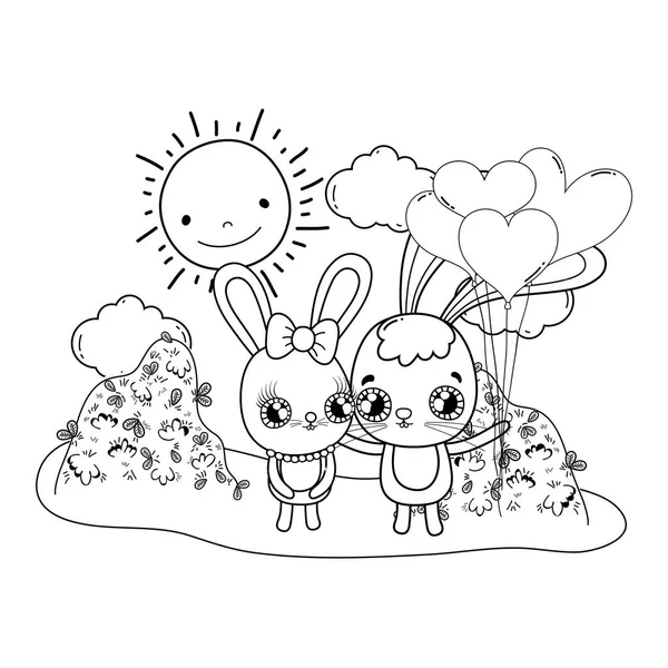 Niedliche Kaninchen Paar mit Luftballons Helium Valentinstag — Stockvektor