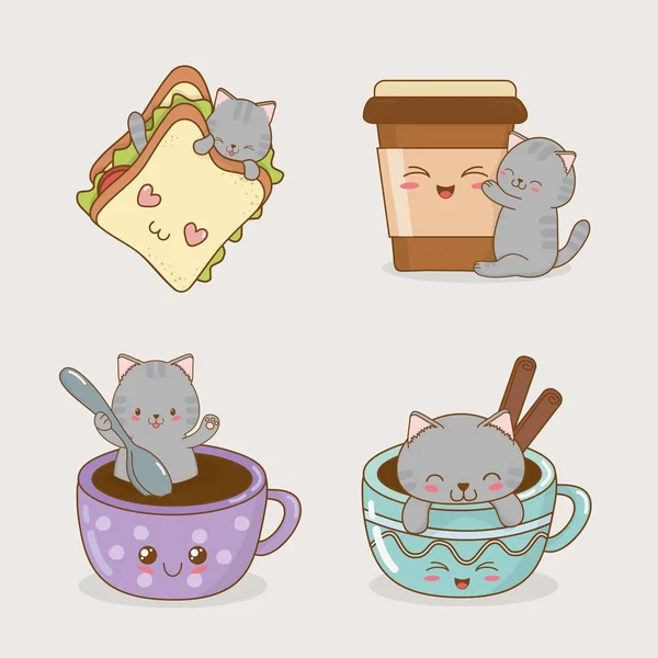 Lindo poco gatos con emoticonos kawaii caracteres — Archivo Imágenes Vectoriales