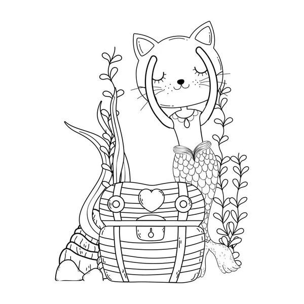 Cute purrmaid with treasure chest — Stock Vector