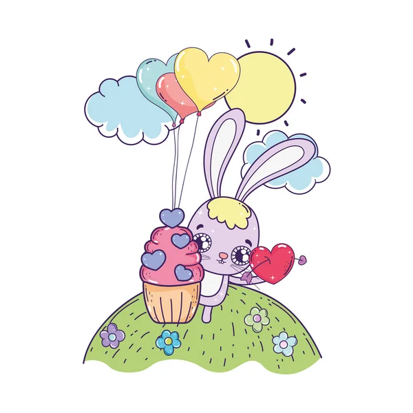 Lindo conejo con globos helio día de San Valentín — Vector de stock