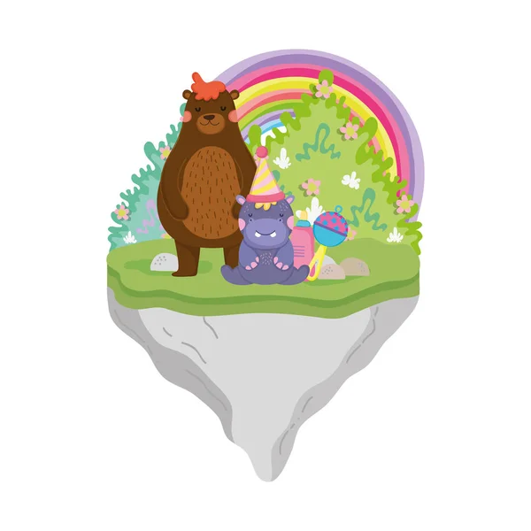 Mignon et petit personnage hippopotame avec chapeau de fête — Image vectorielle